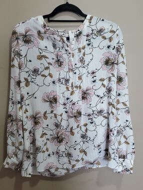 Rose & Olive Floral Button-Front Women's Blouse in White and Pink Size Large
